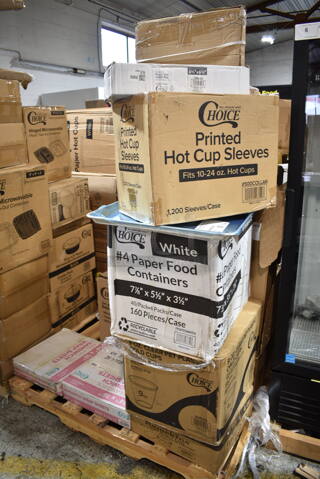 PALLET LOT of 20 BRAND NEW Boxes Including 2 Box 130D66UF Choice 6 1/2" x 6 1/4" Unprinted Plastic Deli Saddle Bag with Flip Top - 2000/Case, 500COLLAR Choice Printed Coffee Cup Sleeve, 795PTOWHT4 Choice 7 7/8 x 5 1/2" x 3 1/2" White Microwavable Folded Paper #4 Take-Out Container - 160/Case, 500CC9 Choice 9 oz. Clear PET Customizable Plastic Squat Cold Cup - 1000/Case, 127RD16BULK Choice 16 oz. Customizable Microwavable Translucent Round Deli Container - 500/Case, 2 Box 612W65 Choice Insulated Foil Sandwich Wrap Sheets 14" x 16" - 1000/Case, 600UT2472S Regency Adjustable Stainless Steel Work Table Undershelf for 24" x 72" Tables - 18 Gauge, 129MCS28B Choice 28 oz. Black Rectangular Microwavable Heavy Weight Container with Lid 8 3/4" x 6 1/4" x 1 3/4" - 150/Case, 5014046XXH Lavex Pro 45 Gallon 3 Mil 40" x 46" Low Density Heavy-Duty Industrial Contractor Black Trash Bag / Can Liner - 50/Case, 500MFTN Lavex Natural Brown Kraft M-Fold (Multifold) Towel - 4000/Case, 654358115 Boska Friends 16 1/2" Extra-Large Round Beech Wood Serving Board with Handle, 2 Count Donut Boxes, 5008W Choice 8 oz. Tall White Poly Paper Hot Cup - 1000/Case, 622KPT400 Regency 400 lb. Keg and Pail Truck KPT-400, 215PCGDCAP CaterGator Rotomolded Extreme Outdoor Cooler / Ice Chest Drain Cap, AP241029 All Points 24-1029 10 1/2" Cast Iron Front Top Range Burner, 612FL4OZCO Choice 4 oz. Round Foil Ramekin Cup with Board Lid - 500/Case, Axe Handle. 20 Times Your Bid!