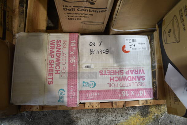 PALLET LOT of 20 BRAND NEW Boxes Including 2 Box 130D66UF Choice 6 1/2" x 6 1/4" Unprinted Plastic Deli Saddle Bag with Flip Top - 2000/Case, 500COLLAR Choice Printed Coffee Cup Sleeve, 795PTOWHT4 Choice 7 7/8 x 5 1/2" x 3 1/2" White Microwavable Folded Paper #4 Take-Out Container - 160/Case, 500CC9 Choice 9 oz. Clear PET Customizable Plastic Squat Cold Cup - 1000/Case, 127RD16BULK Choice 16 oz. Customizable Microwavable Translucent Round Deli Container - 500/Case, 2 Box 612W65 Choice Insulated Foil Sandwich Wrap Sheets 14" x 16" - 1000/Case, 600UT2472S Regency Adjustable Stainless Steel Work Table Undershelf for 24" x 72" Tables - 18 Gauge, 129MCS28B Choice 28 oz. Black Rectangular Microwavable Heavy Weight Container with Lid 8 3/4" x 6 1/4" x 1 3/4" - 150/Case, 5014046XXH Lavex Pro 45 Gallon 3 Mil 40" x 46" Low Density Heavy-Duty Industrial Contractor Black Trash Bag / Can Liner - 50/Case, 500MFTN Lavex Natural Brown Kraft M-Fold (Multifold) Towel - 4000/Case, 654358115 Boska Friends 16 1/2" Extra-Large Round Beech Wood Serving Board with Handle, 2 Count Donut Boxes, 5008W Choice 8 oz. Tall White Poly Paper Hot Cup - 1000/Case, 622KPT400 Regency 400 lb. Keg and Pail Truck KPT-400, 215PCGDCAP CaterGator Rotomolded Extreme Outdoor Cooler / Ice Chest Drain Cap, AP241029 All Points 24-1029 10 1/2" Cast Iron Front Top Range Burner, 612FL4OZCO Choice 4 oz. Round Foil Ramekin Cup with Board Lid - 500/Case, Axe Handle. 20 Times Your Bid! - Image 3 of 12