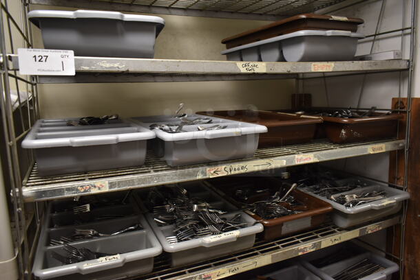 Metal Wire 6 Tier Shelving Unit w/ Contents Including Bins of Silverware. BUYER MUST REMOVE: BUYER MUST DISMANTLE. PCI CANNOT DISMANTLE FOR SHIPPING. PLEASE CONSIDER FREIGHT CHARGES. (dish room) - Image 4 of 7
