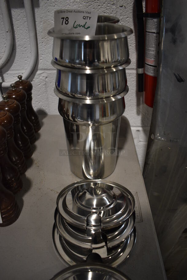 6 Stainless Steel Cylindrical Bins and 6 Lids. 5.75x5.75x8, 5.75x5.75x1. 6 Times Your Bid!