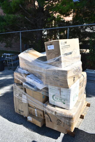 PALLET LOT of 26 BRAND NEW Boxes Including 128HD16COMBO ChoiceHD 16 oz. Microwavable Translucent Plastic Deli Container and Lid Combo Pack - 240/Case, 433LSLCPIE Choice 5" Clear Hinged Slice Container with Low Dome Lid, 966TALLFLDN Choice Kraft Natural Tall-Fold 6" x 13" Dispenser Napkin - 8000/Case, 500CC20 Choice Clear PET Plastic Cold Cup, 129MCS12W Choice 12 oz. White 6" x 4 3/4" x 1 3/4" Rectangular Microwavable Heavy Weight Container with Lid - 150/Case, 130IC10PCL Choice 10 lb. Clear Plastic Ice Bag with Ice Print - 1000/Case, 124HCDS1410 American Metalcraft HCDS1410 14" x 10" Hard Coat Anodized Aluminum Detroit-Style Pizza Pan, 347RPBD6WHGD White Plastic Plate with Gold Bands, 500CC20 Choice Clear PET Customizable Plastic Cold Cup - 20 oz. - 600/Case, 130HBKCUTKW Visions Individually Wrapped Black Heavy Weight Plastic Knife - 1000/Case, 129MCR50B Choice 43 oz. Black Round Microwavable Heavy Weight Container with Lid 9" - 150/Case, 433NHT101H Choice 1/6 Standard Size White "Thank You" Medium-Duty Plastic T-Shirt Bag - 1000/Case, 129MCS12W Choice 12 oz. White 6" x 4 3/4" x 1 3/4" Rectangular Microwavable Heavy Weight Container with Lid - 150/Case, 433LSLCPIE Choice 5" Clear Hinged Slice Container with Low Dome Lid. 26 Times Your Bid! 