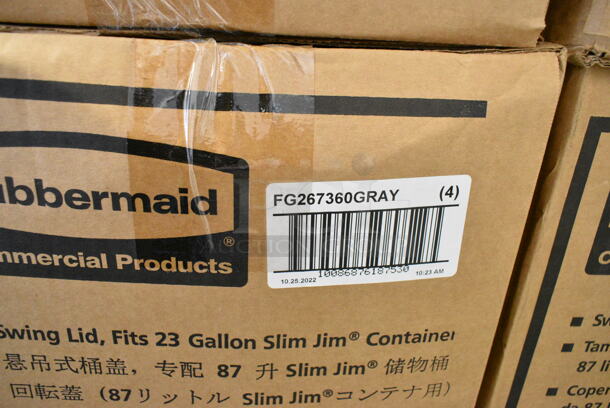 3 Boxes of 4 BRAND NEW SCRATCH AND DENT! Rubbermaid FG267360GRAY Slim Jim Gray Drop Shot Rectangular Trash Can Lid. 3 Times Your Bid!  - Image 4 of 5