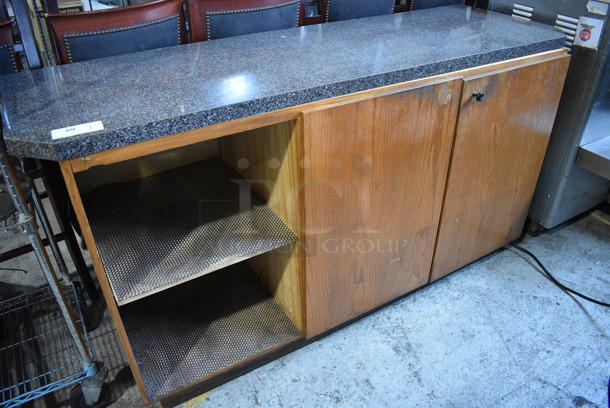 Wooden Counter w/ Stone Pattern Countertop, 2 Under Shelves and 2 Doors. 72.5x25x38.5