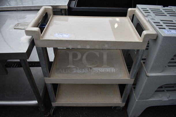 Tan Poly 3 Tier Cart w/ 2 Push Handles on Commercial Casters. 31x16x36