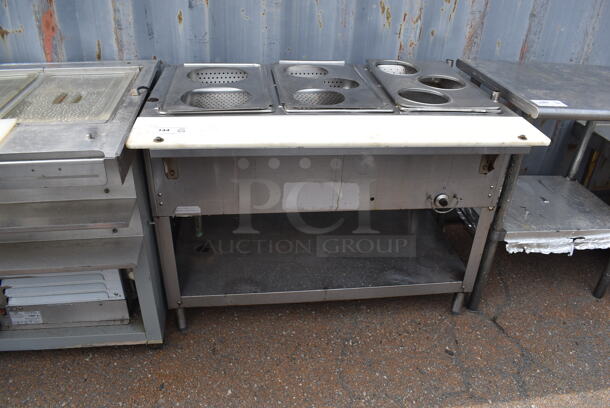 Commercial Stainless Steel Natural Gas Powered Work Station Steam Table With Undershelf on Free Standing Legs.