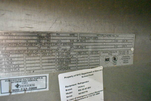 Victory RS-1D-S7-EW Stainless Steel Commercial Single Door Reach In Cooler. 115 Volts, 1 Phase. Tested and Working! - Image 5 of 5