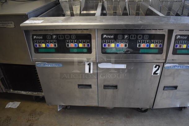 2014 Pitco Frialator Model SSH60 ENERGY STAR Stainless Steel Commercial 4 Bay Natural Gas Powered Deep Fat Fryer w/ 6 Metal Fry Baskets and Filtration System on Commercial Casters. 80,000 BTU. 62.5x35x49 - Image 5 of 11