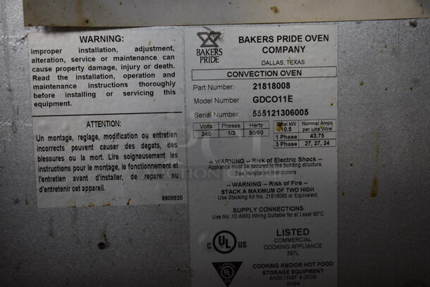 Bakers Pride GDCO11E Stainless Steel Commercial Electric Powered Full Size Convection Oven w/ View Through Doors, Metal Oven Racks and Thermostatic Controls on Metal Legs. 240 Volts, 1/3 Phase. 38x38x56 - Image 7 of 8