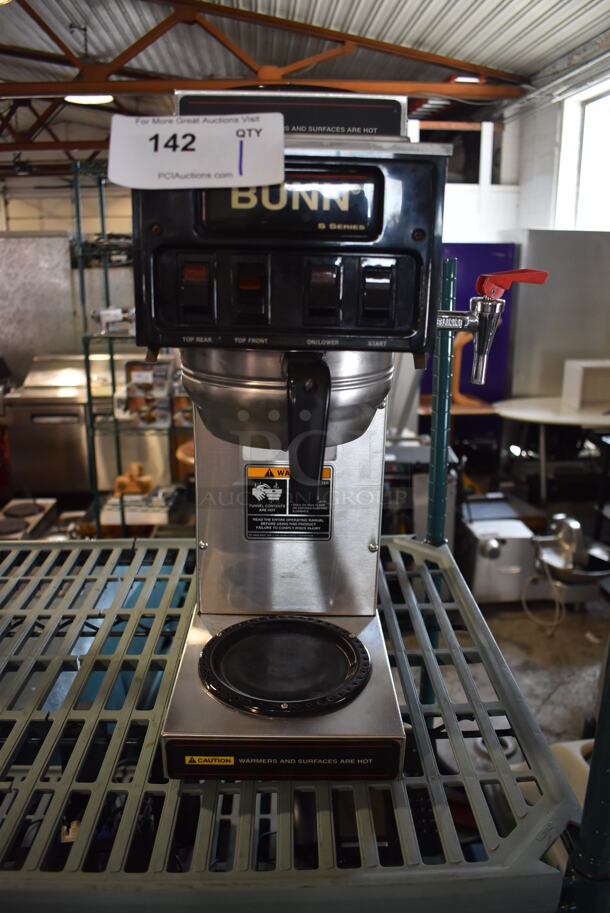 Bunn Stainless Steel Commercial Countertop 3 Burner Coffee Machine w/ Hot Water Dispenser and Metal Brew Basket.
