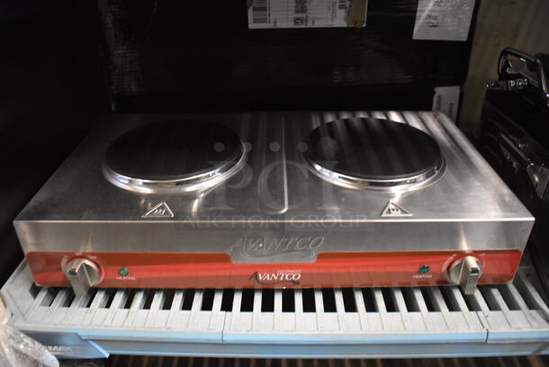 LIKE NEW! Avantco 177EB202SBSA Stainless Steel Countertop Double Burner Solid Top Portable Electric Hot Plate Range. Unit Has Only Been Used a Few Times! 120 Volts, 1 Phase. 23x13x6. Tested and Working! - Image 1 of 7