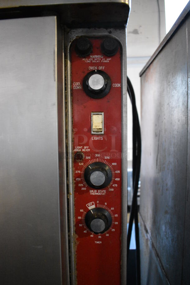 2 Blodgett Stainless Steel Commercial Electric Powered Full Size Convection Ovens w/ Solid Doors, Metal Oven Racks and Thermostatic Controls. 208-220 Volts, 3 Phase. 38x39x65. 2 Times Your Bid! - Image 6 of 8