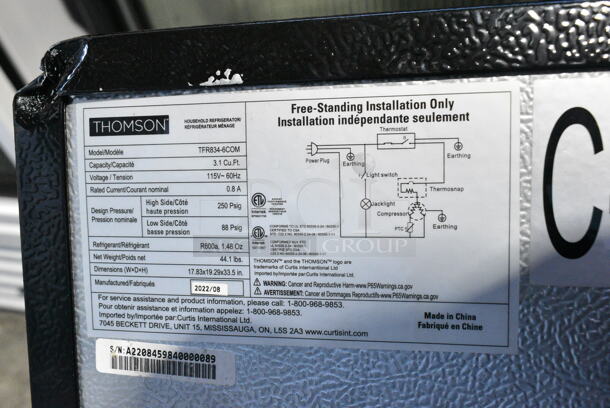 Thomson TFR834-6COM Metal Cooler w/ Freezer. 115 Volts, 1 Phase. Tested and Working! - Image 7 of 7