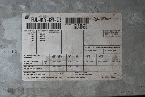Copeland FFAL-017Z-CFV-072 Metal Compressor. 208-230 Volts, 1 Phase.  - Image 10 of 12