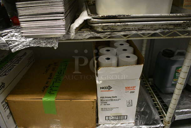 White 5 Tier Wire Shelving Unit w/ Contents Including Soup, Utensils and Receipt Paper Rolls. BUYER MUST REMOVE. BUYER MUST DISMANTLE. PCI CANNOT DISMANTLE FOR SHIPPING. PLEASE CONSIDER FREIGHT CHARGES. 48x18x75. (kitchen) - Image 8 of 10