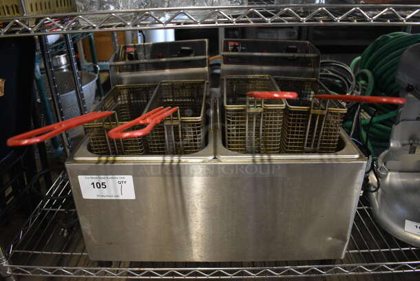 Cecilware Stainless Steel Commercial Countertop Electric Powered Double Bay Fryer w/ 4 Metal Fry Baskets. 115 Volts, 1 Phase. 22x18x17