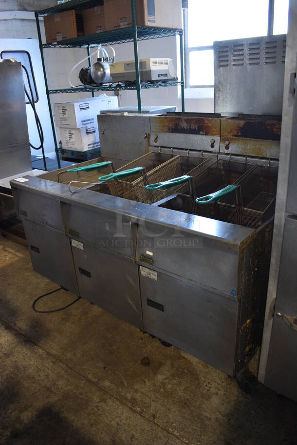 Pitco Frialator Model SG18 Stainless Steel Commercial Natural Gas Powered 2 Bay Deep Fat Fryer w/ Left Side Model SGBN Dumping Station and 4 Metal Fry Baskets on Commercial Casters. 140,000 BTU. 59x34.5x45.5 - Image 2 of 10
