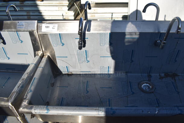 BRAND NEW SCRATCH AND DENT! Advance Tabco FS-FMM-100FV Stainless Steel 16 Gauge Multi Station Hand Sink w/ 5 Faucets, 5 Foot Pedals and Under Shelf. 100x18.5x44 - Image 6 of 7