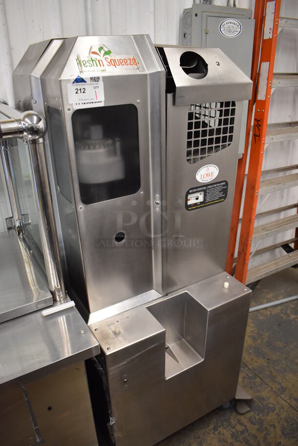 Fresh N Squeeze Stainless Steel Commercial Floor Style Automatic Citrus Juicer on Commercial Casters. 32x33x67. Tested and Does Not Power On - Image 2 of 6