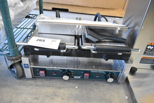 BRAND NEW SCRATCH AND DENT! 2024 Waring WFG300 Stainless Steel Commercial Tostato Ottimo Smooth Top & Bottom Dual Panini Sandwich Grill - 17" x 9 1/4" Cooking Surface. 240 Volts, 1 Phase.  - Image 3 of 9