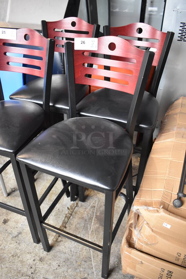 2 Black Metal Bar Height Chairs w/ Wood Pattern Back Rest and Black Seat Cushion. 18x18x43. 2 Times Your Bid! - Image 2 of 5