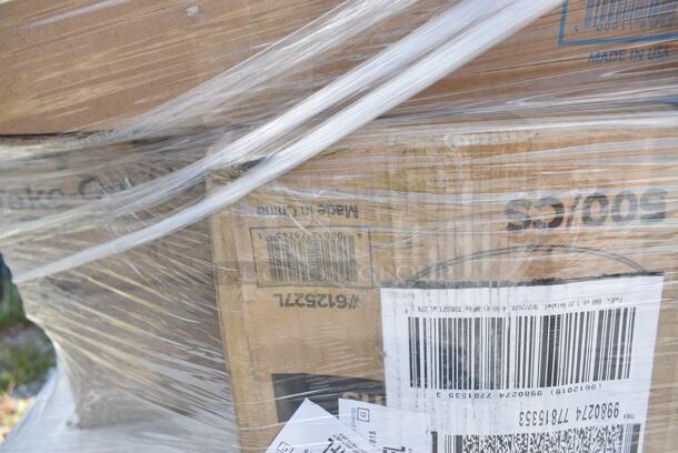 PALLET LOT of 35 BRAND NEW Boxes Including 130BKKNIFEH Choice Black Heavy Weight Plastic Knife - 1000/Case, 130BKSSPOONH Choice Black Heavy Weight Plastic Soup Spoon - 1000/Case, 500CC20 Choice Clear PET Customizable Plastic Cold Cup - 20 oz. - 600/Case, 128HD12COMBO ChoiceHD 12 oz. Microwavable Translucent Plastic Deli Container and Lid Combo Pack - 240/Case, 2 Box Choice 1.5 oz Portion Cups, 500CC24 Choice Clear PET Customizable Plastic Cold Cup - 24 oz. - 600/Case, 2 box 129MCS28B Choice 28 oz. Black Rectangular Microwavable Heavy Weight Container with Lid 8 3/4" x 6 1/4" x 1 3/4" - 150/Case, 5002TP3X496P Lavex Premium 3 1/2" x 4 1/2" Individually Wrapped 2-Ply Standard 500 Sheet Toilet Paper Roll - 96/Case, 612527L Choice 7" Round Foil-Laminated Board Lid - 500/Case, 500TW16S Choice 16 oz. Translucent Thin Wall Squat Plastic Cold Cup - 1000/Case, 130TRAY16 Visions Black PET Plastic 16" Thermoform Catering / Deli Tray - 25/Case, 500CC9 Choice 9 oz. Clear PET Customizable Plastic Squat Cold Cup - 1000/Case, 2 Box 5001RT800N Lavex 8" Natural Kraft Hardwound Paper Towel, 800 Feet / Roll - 6/Case, 164VYCHAIRBK Lancaster Table & Seating Vineyard Series Smokey Black Outdoor Cross Back Chair. 35 Times Your Bid!  - Image 11 of 12