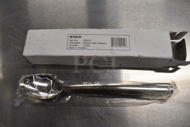 12 BRAND NEW IN BOX! Winco 0002-02 Stainless Steel Windsor Iced Teaspoons. 8