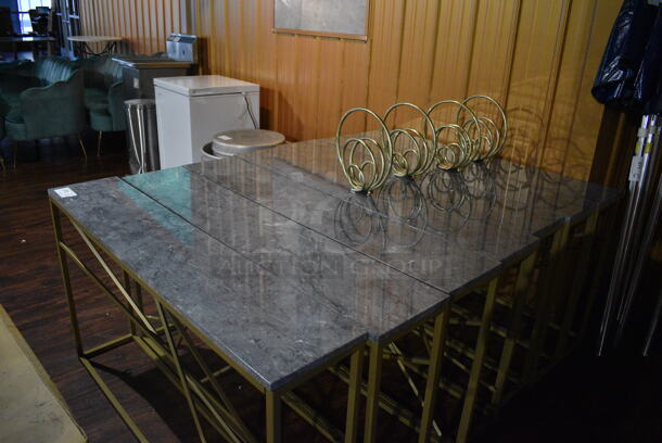 7 Gold Finish Metal Tables w/ Stone Pattern Tabletop. 4 Have Extra Decorative Item. 52x10x29, 12x4x12. 7 Times Your Bid! (lounge) - Image 4 of 4