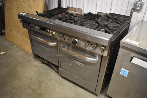 Southbend Stainless Steel Commercial Gas Powered Cooking Unit w/ 2 Ovens and Various Pieces. Missing Parts. 49x34x43 - Image 2 of 8