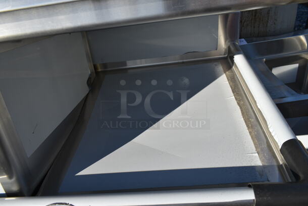 BRAND NEW SCRATCH AND DENT! Regency 600S22424224 98" 16 Gauge Stainless Steel Two Compartment Commercial Sink with Galvanized Steel Legs and 2 Drainboards - 24" x 24" x 14" Bowls. No Legs.  - Image 4 of 7