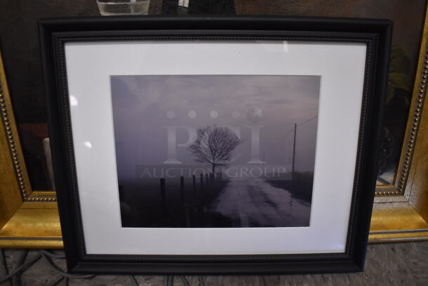 Framed Picture of Road Next to Fence and Tree.  - Image 1 of 4