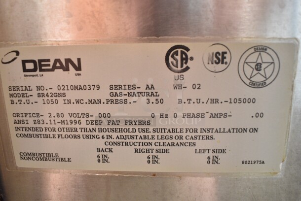 Dean SR42GNS Stainless Steel Commercial Floor Style Natural Gas Powered Deep Fat Fryer. 105,000 BTU.  - Image 4 of 4