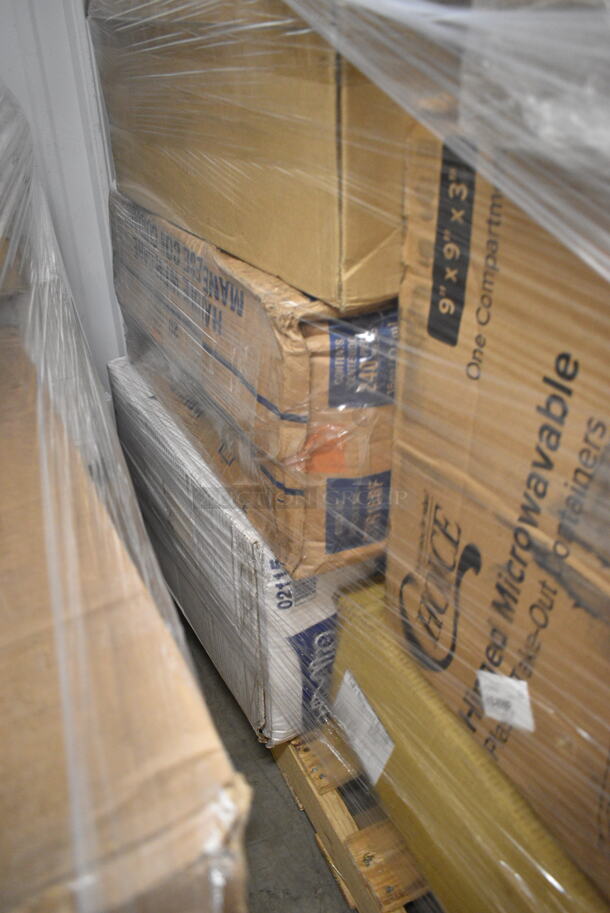 PALLET LOT of 20 BRAND NEW Boxes Including 966UPWIDEB OneUp by Choice White 1-Ply Wide Interfold 6 1/2" x 8 1/2" Dispenser Napkin - 6000/Case, 2 Box 5001RT800B Lavex 8" White Hardwound Paper Towel, 800 Feet / Roll - 6/Case, 5014046XXH Lavex Pro 45 Gallon 3 Mil 40" x 46" Low Density Heavy-Duty Industrial Contractor Black Trash Bag / Can Liner - 50/Case, 395TO961 EcoChoice 9" x 6" x 3" Compostable Sugarcane / Bagasse 1 Compartment Take-Out Container - 200/Case, Noble Small Gloves, Choice 10 oz Double Wall Paper Hot Cups, 150XLFFBAG Carnival King 6" x 3/4" x 6 1/2" Sandwich / Extra Large French Fry Bag - 2000/Case, P9812 Pactiv ClearView Smart Lock Caterware, 127DM16BULK Choice 16 oz. Ultra Clear PET Plastic Round Deli Container - 500/Case. 20 Times Your Bid! - Image 9 of 11