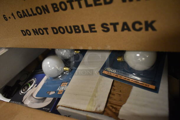 ALL ONE MONEY! Pallet Lot of Various Items Including Halogen-IR Floodlight, Reflector Light Bulbs, Micro Mini CFL, 40W Globe Light, Floor Sealer, Air Compressor, and Plastic Containers - Image 7 of 12