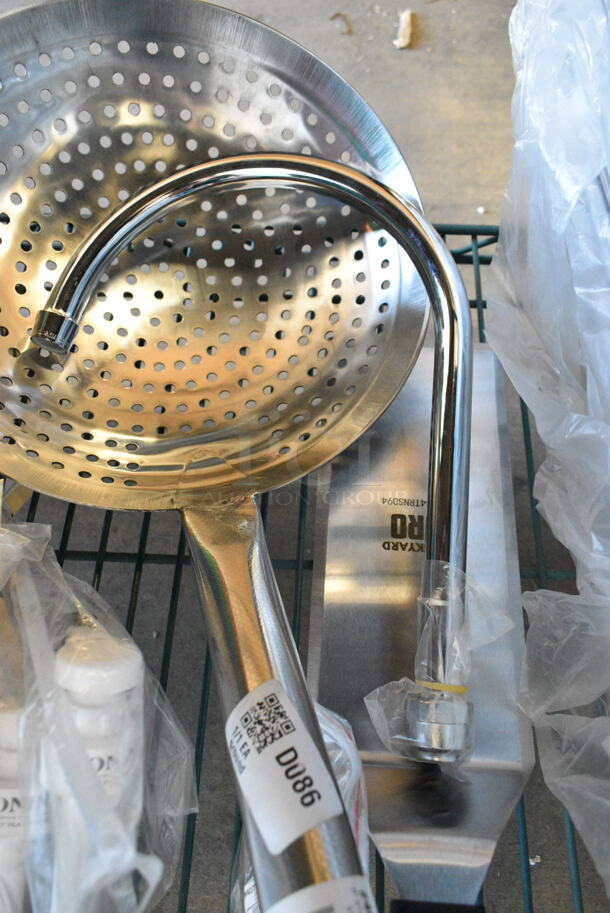 5 BRAND NEW SCRATCH AND DENT! Items Including Regency 600FGNZ610 6" Long Swivel Gooseneck Spout with 2 GPM Aerator, 407SKMRMAN11 Choice 11" Stainless Steel Wok Skimmer, 554TRNSD94 Backyard Pro 9" x 4" High Heat Solid Turner with Black Handle, 407TOMCSS12 Choice Tomato Corer with Stainless Steel Handle - 12/Pack, Monin Pumps. 5 Times Your Bid!  - Image 3 of 12