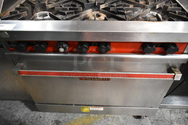 Vulcan 36L-572 Stainless Steel Commercial Propane Gas Powered 6 Burner Range w/ Oven, Over Shelf and Back Splash on Commercial Casters.  - Image 3 of 6