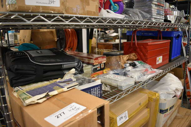 ALL ONE MONEY! Tier Lot of Various Items Including Shotgun Cleaning Kit, Bolts, Screws, USAG Red Metal Toolbox.