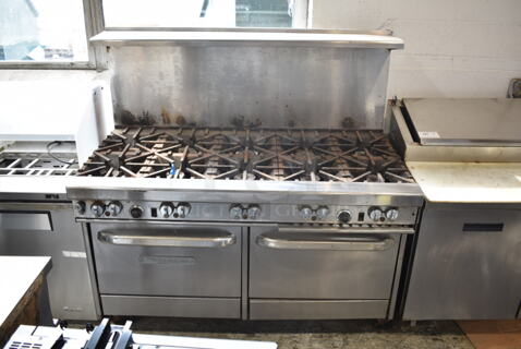 Southbend Stainless Steel Commercial Natural Gas Powered 10 Burner Range w/ 2 Ovens, Over Shelf and Back Splash. 