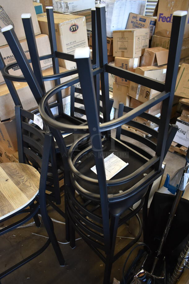5 BRAND NEW SCRATCH AND DENT! Black Metal Bar Height Chairs; 4 w/ Black Seat Cushion and 1 w/ Wood Pattern Seat. 5 Times Your Bid! - Image 5 of 5