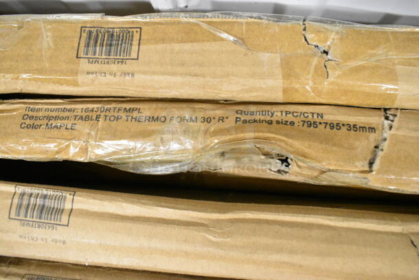 3 Box of 4 BRAND NEW SCRATCH AND DENT! Lancaster Table & Seating 16430RTFMPL 30" Round Thermo-Formed MDF Table Top with Maple Finish. 3 Times Your Bid!  - Image 4 of 5