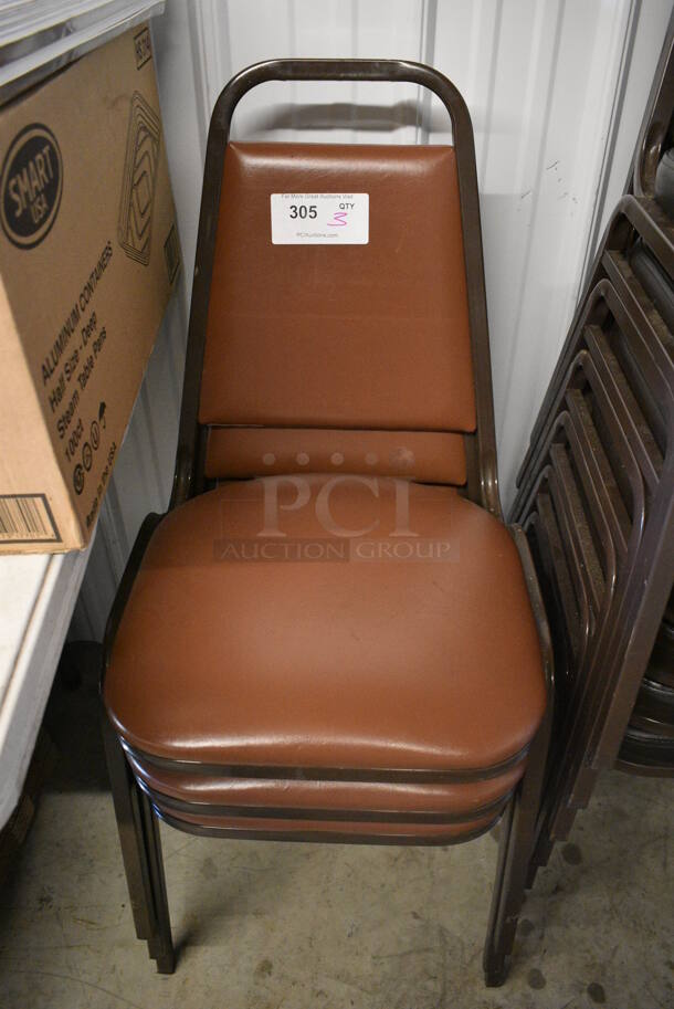 3 Brown Metal Stackable Banquet Chairs w/ Brown Seat Cushions. 18x21x33. 3 Times Your Bid!