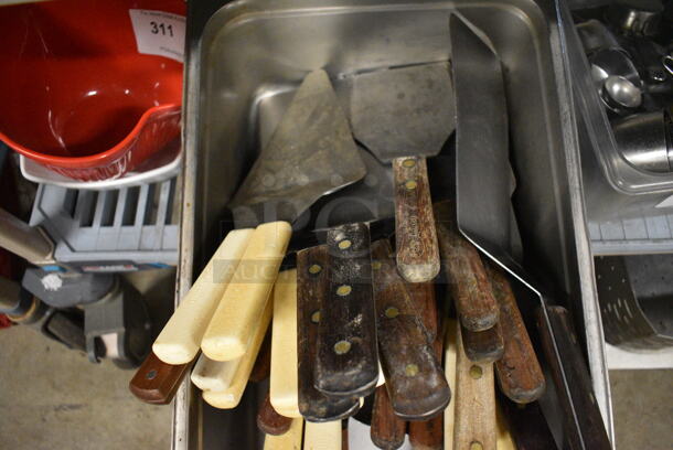 ALL ONE MONEY! Lot of Various Metal Spatulas in Stainless Steel Bin! 13x21x6 - Image 2 of 4