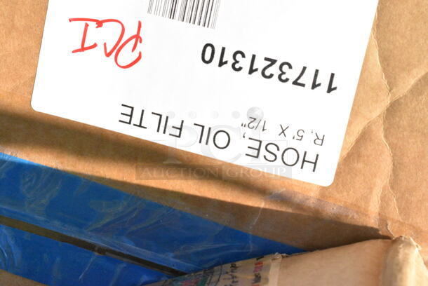 9 BRAND NEW Boxes Including 164TB2222 Lancaster Table & Seating 22" x 22" Cross Cast Iron Table Base Plate, 808B1449ACD Superlevel Self Adjusting Table Foot - 4/Pack, 407KRPLAS13 Choice 13-Slot Plastic Wall Mount Knife Rack, 2 Box Libbey 7508 Vina 12.75 oz. Customizable Tall Wine Glass - 12/Case, 117321310 AllPoints 32-1310 5' x 1/2" ID Fryer Oil Filter Hose, 4558022026 32 oz. Tall Plastic Iced Tea Design Souvenir Cup with Straw and Lid - 200/Case. 9 Times Your Bid!  - Image 9 of 11