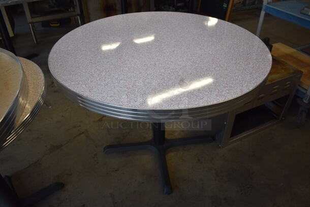 2 White Round Dining Height Tables w/ Red and Gray Pattern on Black Metal Base. 41x41x30. 2 Times Your Bid!