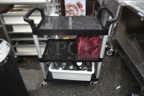 Black Poly 3 Tier Cart w/ Contents on Commercial Casters.