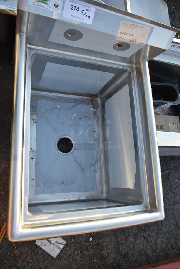 BRAND NEW SCRATCH AND DENT! Regency 600S11824 23" 16 Gauge Stainless Steel One Compartment Commercial Sink with Stainless Steel Legs and Cross Bracing - 18" x 24" x 14" Bowl. No Legs.  - Image 4 of 6