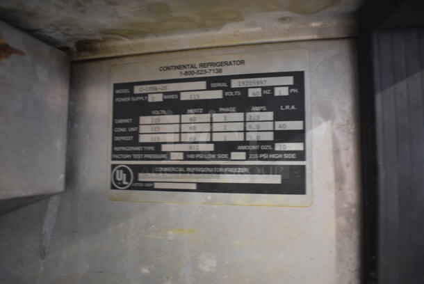 Continental Model C-1FDA-2S Stainless Steel 2 Half Size Door Reach In Cooler w/ Metal Racks on Commercial Casters. 115 Volts, 1 Phase. 29x36x82.5. Tested and Working! - Image 5 of 6