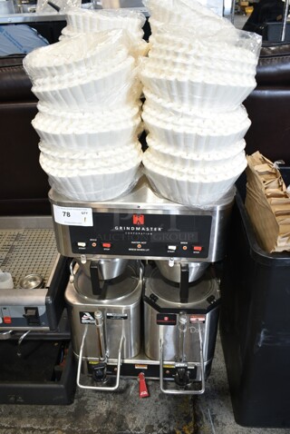 Grindmaster AP-400E Stainless Steel Commercial Countertop Double Coffee Machine w/ Hot Water Dispenser, 2 Metal Brew Basket and Brew Basket Filters. 208/240 Volts, 1 Phase. 
