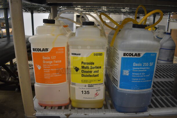 ALL ONE MONEY! Lot of 3 Jugs of Cleaner; Oasis 137 Orange Force, Peroxide Multi Surface Cleaner Disinfectant and Oasis 255 SF Industrial Strength Glass Cleaner. 11x5x12