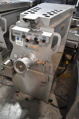 2017 Hobart MG2032 Metal Commercial Floor Style Electric Powered Meat Mixer Grinder w/ Foot Pedal on Commercial Casters. 208 Volts, 3 Phase. Tested and Working!