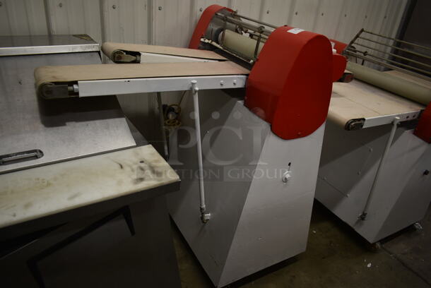 Metal Commercial Floor Style 2 Section Dough Sheeter on Commercial Casters. 240 Volts, 3 Phase.